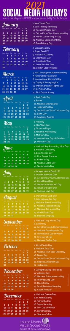 a rainbow colored poster with the words social media holidays