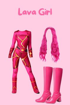 a pink outfit and boots with the words lava girl written on it's side