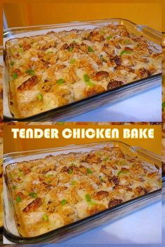 two pictures of a chicken bake with green onions and cheese on top, the other side has been cooked