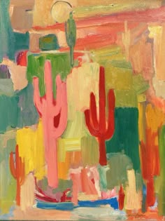 an abstract painting of cactuses and other plants in bright colors on a green background