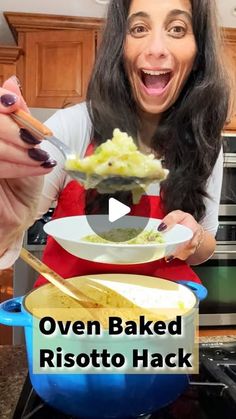 a woman in an apron is holding a spoon with food on it and the words oven baked risotto hack