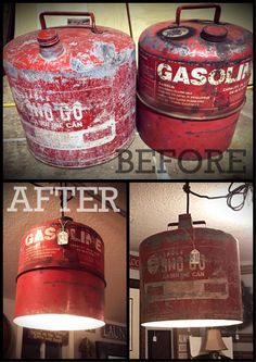 an old gas can is turned into a pendant light