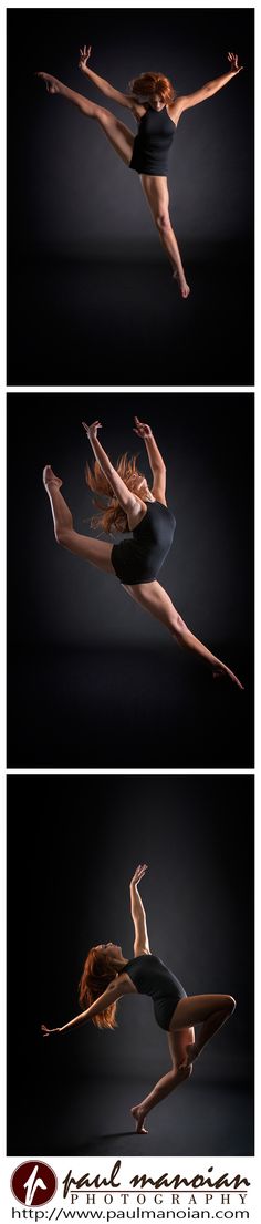 three different shots of a woman in black leotard