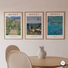 three paintings hang on the wall above a dining room table with chairs and a vase