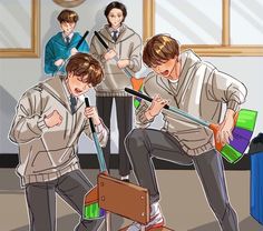 three young men are cleaning the floor with brooms and mop in front of them