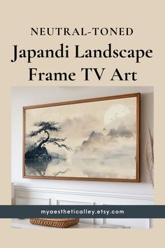 Neutral-toned Japandi Samsung Frame TV art featuring a moody Japanese landscape of a tree by a lake with misty mountains and birds flying near the sun. Inspired by Japandi minimalism, this digital TV art seamlessly blends clean lines and natural beauty to enhance your decor. Instantly downloadable and ready to elevate your home.