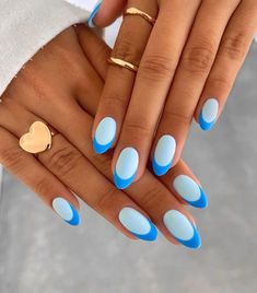 Bright Trendy Nails, Orange Nails Oval, Neon French Tip Nails, Two Color French Tip Nails, Nail Design Glitter, Light Blue Nails, Baby Blue Nails, Broken Nails