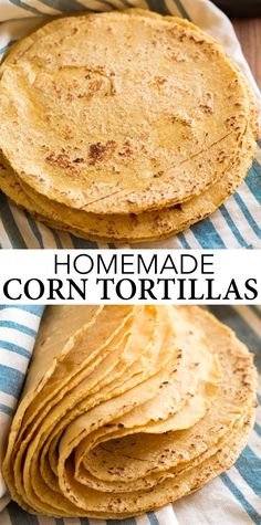 homemade corn tortillas are stacked on top of each other