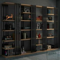 an empty room with some bookshelves and shelves on the wall in front of it