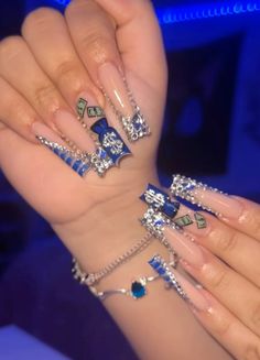 #birthdaynails Instagram: @klasiiana Blue Money Nails, Crip Blue Nails Acrylic, Nails With Money, Nails Design With Charms, Xl Nails Acrylic, Long Nails Blue, Dollar Nails Designs, Money Nails Designs Ideas, Money Set Nails