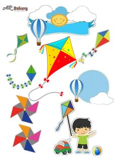 the kites are flying in the sky with clouds and sun above them, as well as an image of a boy holding a kite