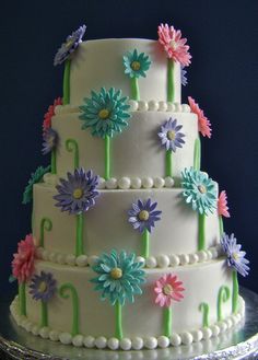 a three tiered cake with flowers on it