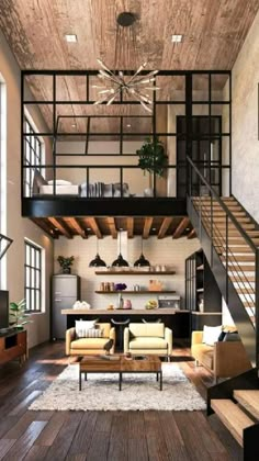 a living room filled with lots of furniture and a staircase leading up to the second floor