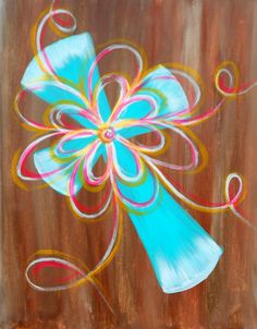 a painting of a blue flower with swirls on it