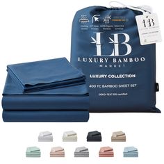 the luxury bamboo sheet set is shown with four different colors and sizes, including blue