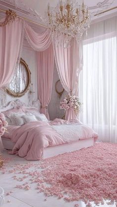 a bedroom decorated in pink and white with flowers on the bed, chandelier, rugs and curtains