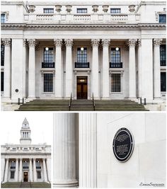 the front and side of a building with columns