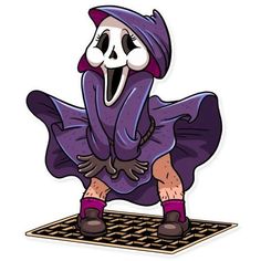 a cartoon character in a purple dress with an evil smile on his face and arms