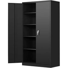 a black storage cabinet with doors open on an isolated white background, 3d rendering image