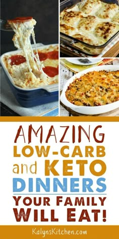 an advertisement for low - carb and keto dinner with pictures of different dishes