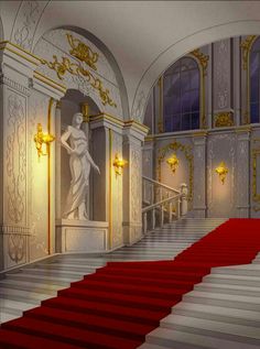 a red carpeted staircase leading up to an ornate building