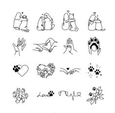 hand drawn doodles with hearts, flowers and animals on them for valentine's day