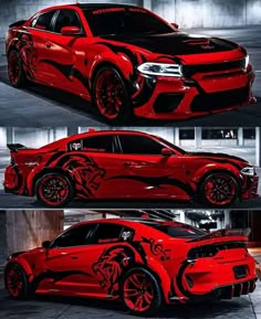 the red dodge charger is painted with black and white designs on it's side