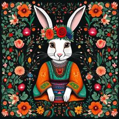 a painting of a white rabbit with flowers on its head sitting in front of a black background