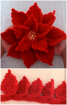 crocheted poinsettis are shown in two different photos, one is red and the other is white