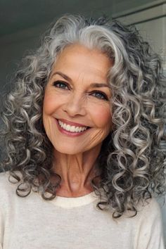 Grey Hair Color Curly, Spiral Perm Gray Hair, Long Wavy Gray Hair Over 50, Grey Hair Perms, Perms For Gray Hair Over 50, Permed Grey Hair Older Women, Grey Blending Curly Hair, Silver Curly Hair Natural Curls