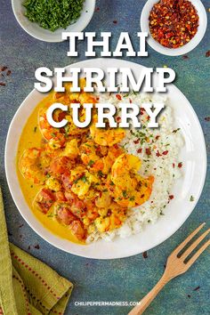 thai shrimp curry on a plate with rice and vegetables