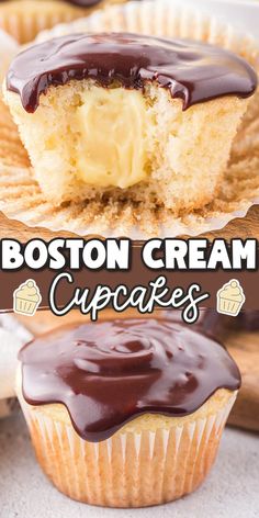 a close up of a cupcake with chocolate frosting on top and the words boston cream cupcakes above it