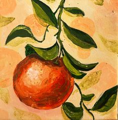 a painting of an orange with green leaves on it's branch, against a yellow background