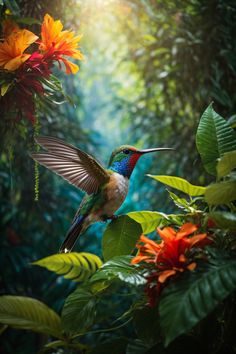 a colorful hummingbird flying in the air over flowers and leaves with sunlight shining on them