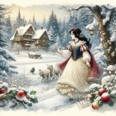 a painting of a woman dressed as snow queen in front of a snowy village with christmas decorations