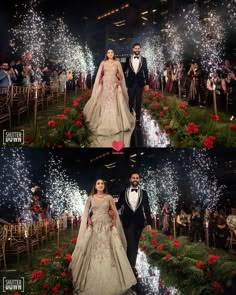 two pictures of people dressed in formal wear and standing on stage with fireworks behind them