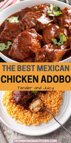 the best mexican chicken adobo is served with rice and cilantro