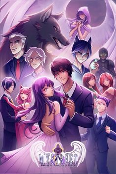 an anime movie poster with many people and a wolf in the background, all looking at each other