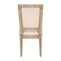 a white chair with beige upholstered back and seat