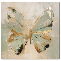 an abstract painting of a butterfly on a white and green background with gold accents,