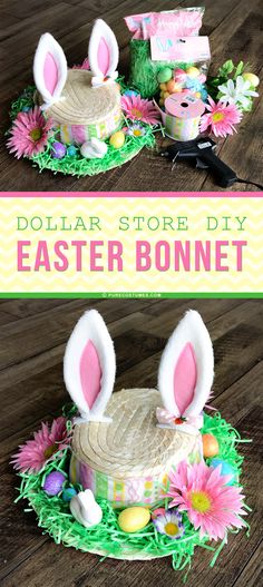 an easter basket with bunny ears and flowers on it, next to the words dollar store diy easter bonnet