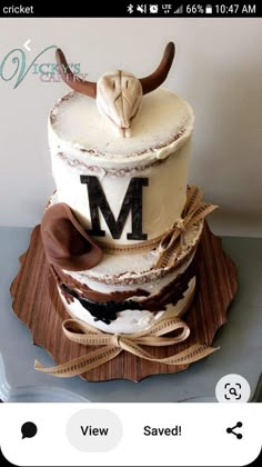 a three tiered cake decorated with an animal's head and the letter m