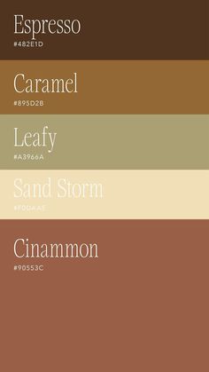 four different shades of brown, beige and green with the words caramel leafy sand storm