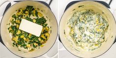 two pictures of spinach and cheese cooking in a pot