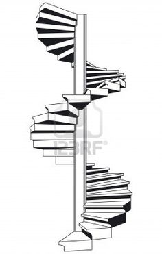 black and white illustration of a spiral staircase with books on the bottom, against a white background