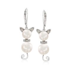 7.5-9mm Cultured Pearl and Diamond-Accented Cat Drop Earrings in Sterling Silver | Ross-Simons Silver Cat Pendant, White Pearl Jewelry, Cultured Pearl Ring, Emerald Earrings Drop, Pearl Birthstone, Cat Pendant Necklace, Sterling Silver Cat, Pearl Jewelry Sets, Cat Ear