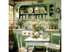 a painting of a kitchen with green cabinets and flowers on the counter top, potted plants in front of an old fashioned stove