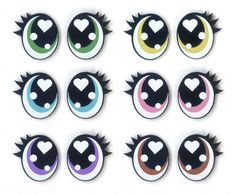 twelve pairs of eyes with hearts on them, all in different colors and shapes are shown