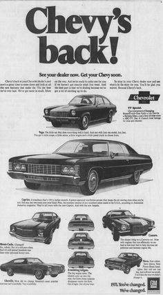 an advertisement for the chevrolet's back car, with all its features in black and white