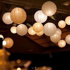 many white paper lanterns hanging from the ceiling